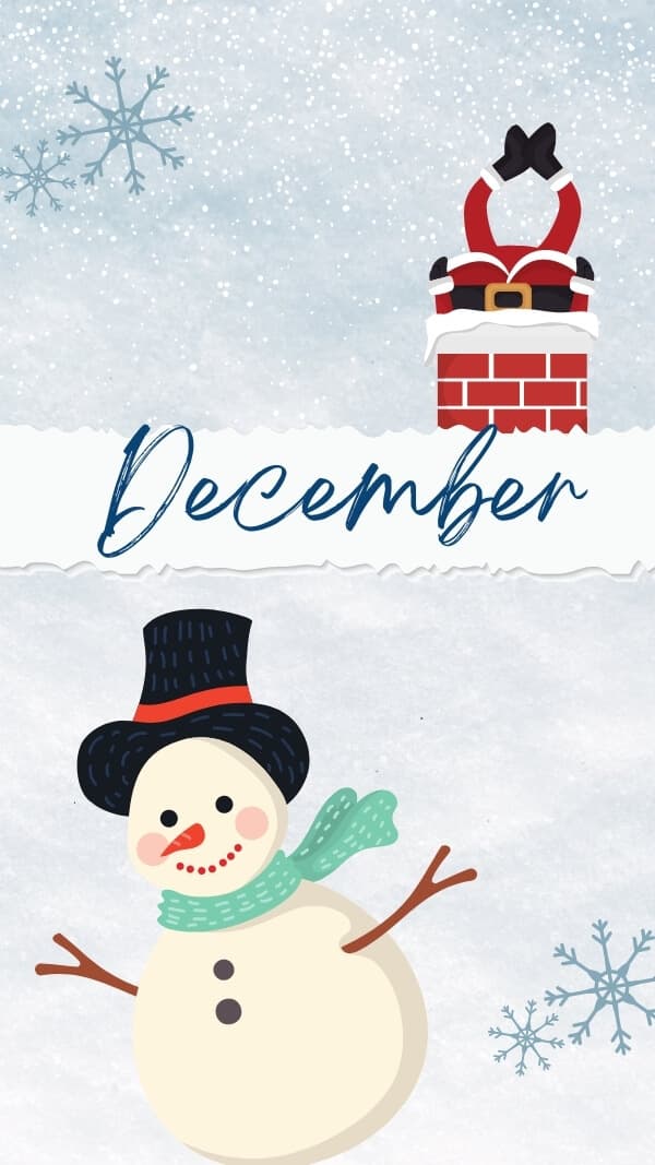 cute illustrated christmas wallpaper with illustrated snowman, snowflakes, and santa in a chimney with the text "december" in the center of image