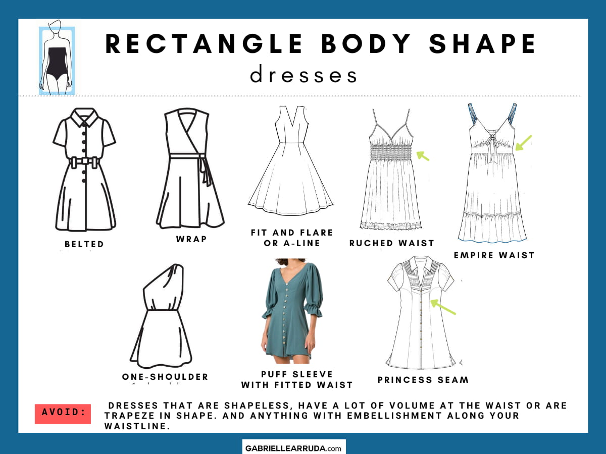 dresses for the rectangle body shape styles: belted, wrap, fit-n-flare, a-line, ruched waist, empire waist, one-shoulder, puff sleeve with fitted waist, princess seam dress