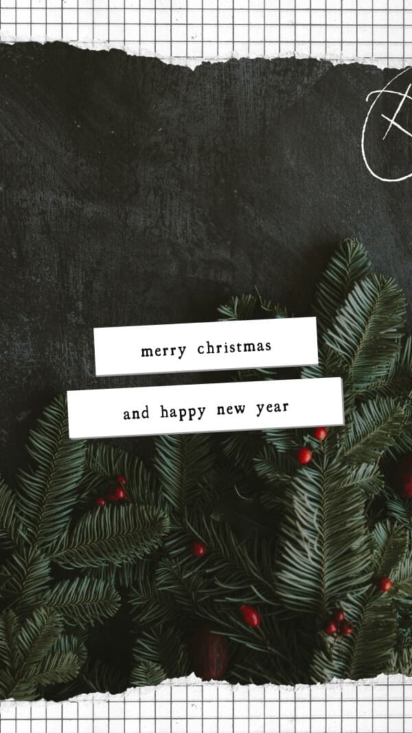 white and black grid background with dark photo with mistletoe and evergreen springs and "merry Christmas and happy new year" text- christmas wallpaper for iphone