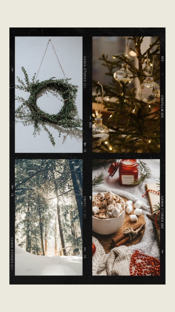 off white background with four photo black film frame in center- images of natural wreath, forest with snow on trees, simple christmas tree, and hot cocoa on table with marshmellows, background for iphone