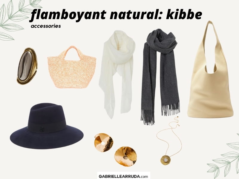 accessories for the flamboyant natural- unique one-of-a-kind jewelry, abstract shape jewelry, long scarves, woven tote, wide brim fedora hat, and loose unstructured leather tote