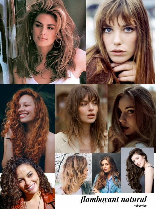 examples of flamboyant natural hairstyles and cuts. the "lion's mane" on cindy crawford, Jane birken's fringe, layered hair cuts loose waves, easy-going cuts