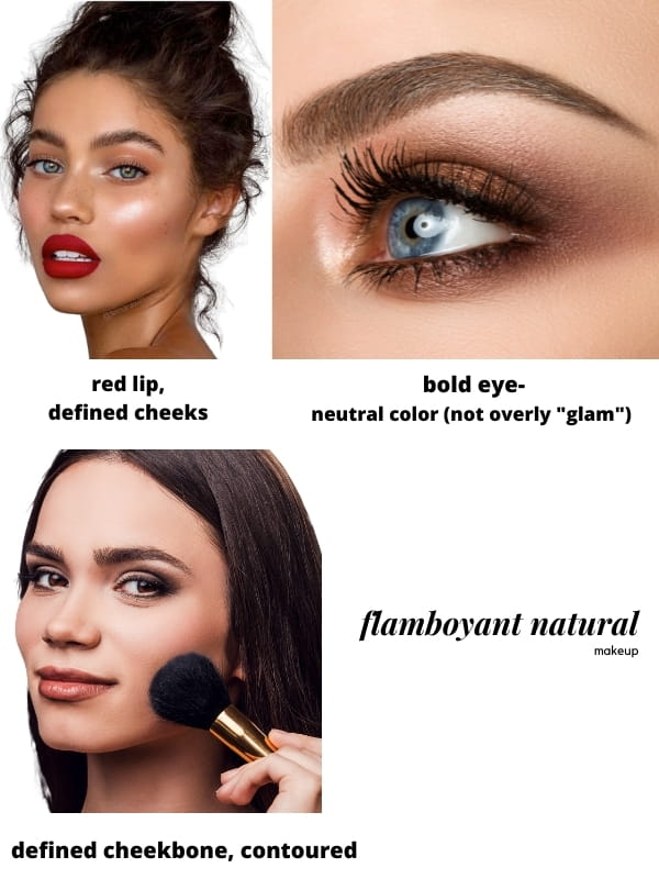 flamboyant natural makeup examples: one with red lip and defined cheek, a bold eye in a brown neutral that is not overly glam, and a full face makeup with smoky brown eye, lip, and a defined/contoured cheek 