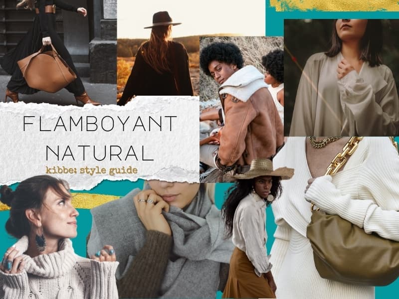 flamboyant natural moodboard- consisiting of loose outfit styles, unstructured bags, artsy jewelry, and large brim hats