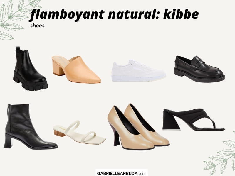 flamboyant natural shoes and boots examples: lug sole chelsea boot, nude mule (soft toe), white tennis shoe, loafer, square toe ankle boot with block heel, simple strap sandals, soft toe pump, and flip flop heel