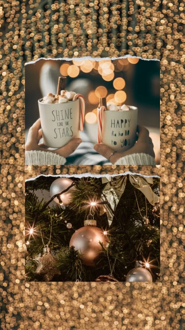 blurry gold lights background with two images- two hot cocoa cups in front of fire and gold ornaments on tree - christmas wallpaper background for phone