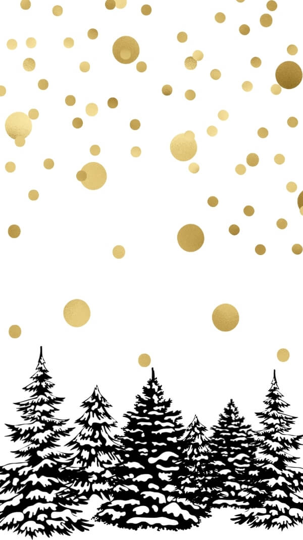 white background image with gold polka dots at top fading down, with black and white illustrated forest at bottom - december holiday wallpaper for phone
