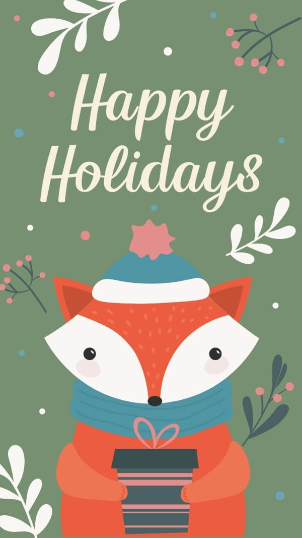 light muted green background with illustrated fox with present in hands and "happy holidays" text 