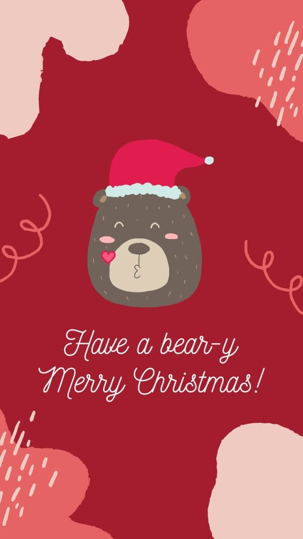 red background with bear in santa hate with text "have a bear-y merry christmas" illustrated image
