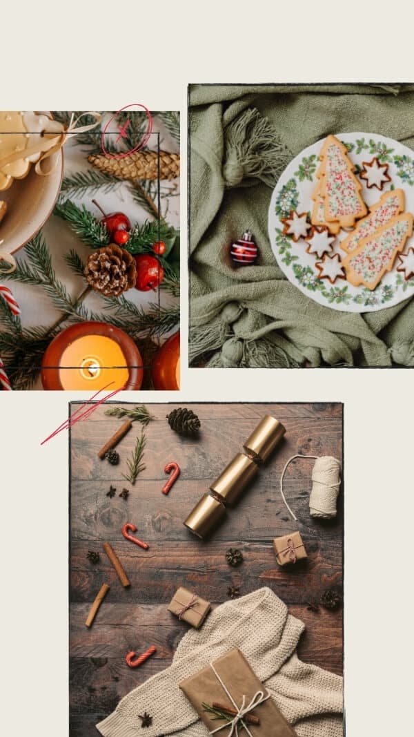 simple three image collage on tan background, vintage photo feel christmas backround - holiday table, cookies on plate, and gift wrapping supplies