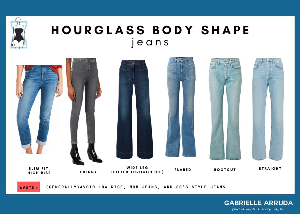 best jean styles for the hourglass body shape: slim fit high rise, skinny, wide-leg, flared, bootcut, straight 
