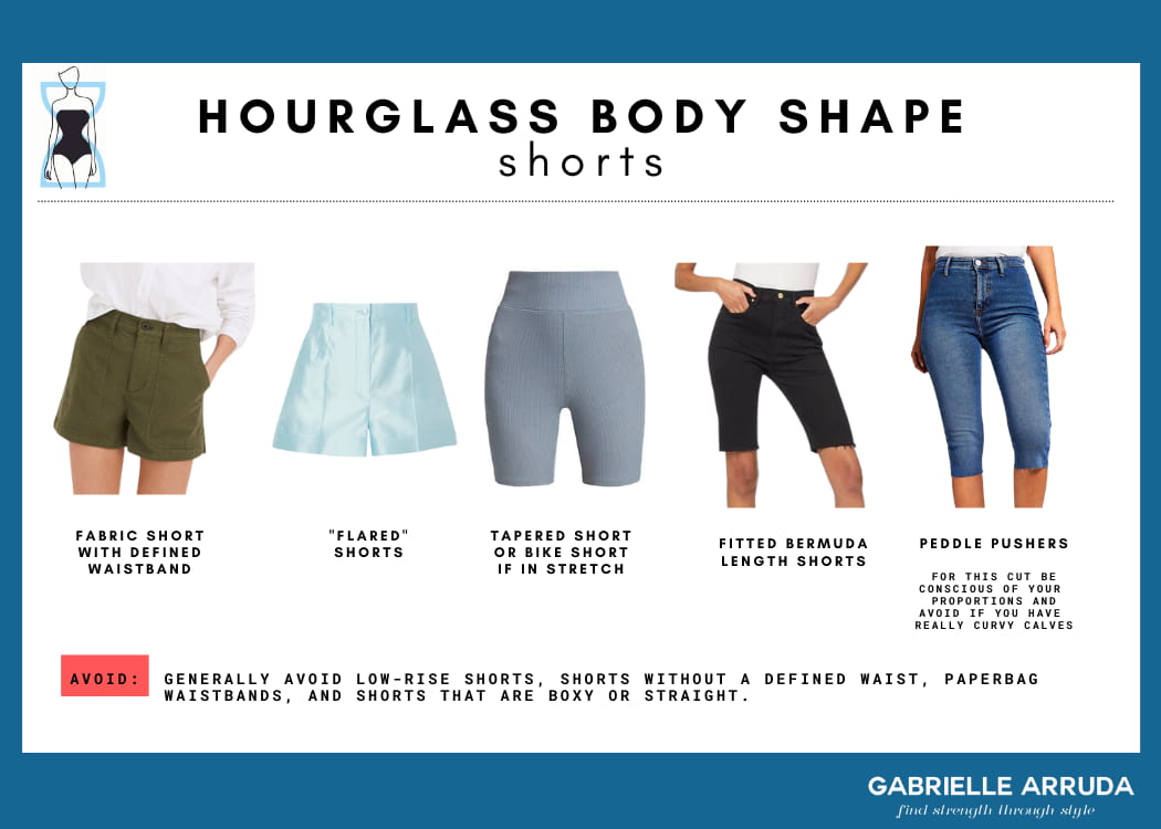 best short styles for the hourglass body shape: fabric short with defined waistband, flared shorts, taped short or bike shorts, fitted bermuda shorts, peddle pushers 