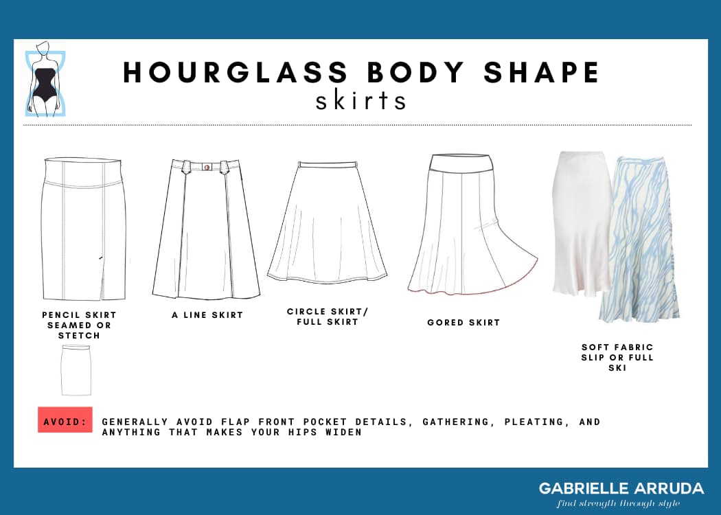 best skirt styles for the hourglas body shape: pencil skirt, a-line, circle skirt, gored skirt, soft fabric skirts (slip and full styles)