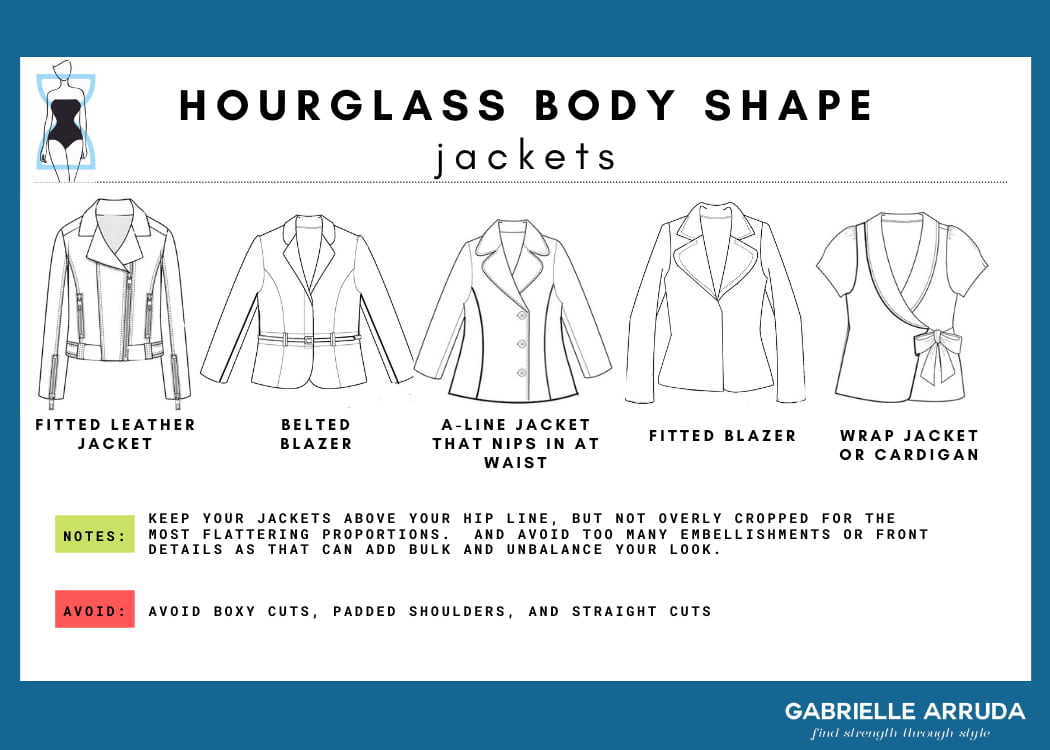 best jacket styles for the hourglass body shape: fitted leather jacket, belted blazer, a-line jacket that nips in at waist, fitted blazer, wrap jacket or cardigan