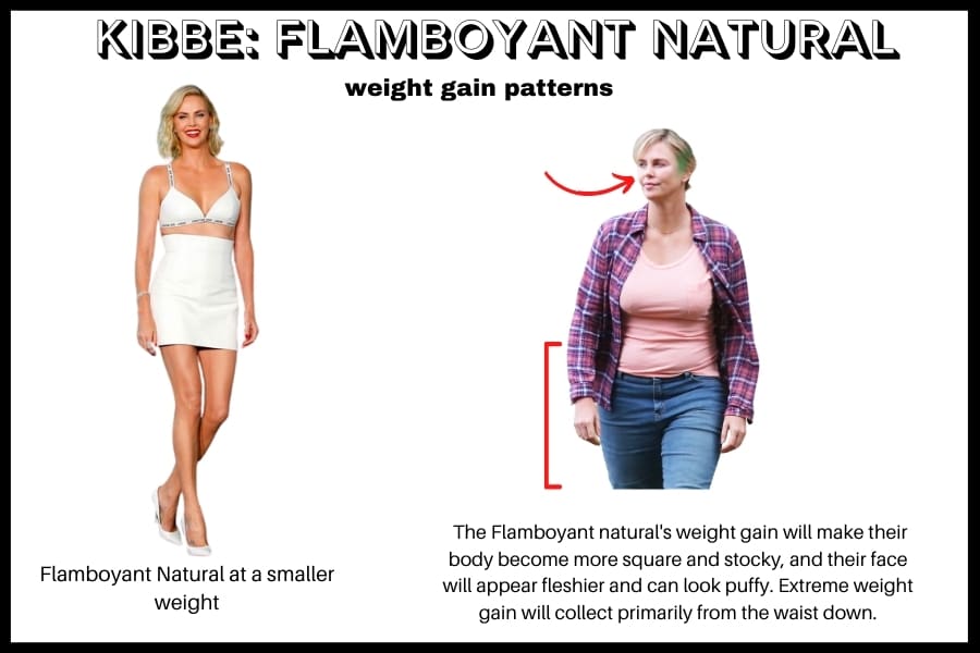 kibbe: flamboyant natural weight gain example: charlize theron at her smallest weight compared to her heaviest (was for a role). FN weight gain will make their body become more stocky and their face can look puffy. weight collects mostly from waist down
