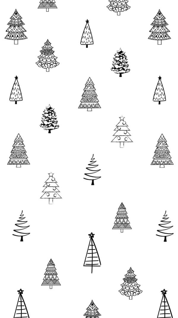 simple white background with different small hand-drawn Christmas trees in offset pattern 