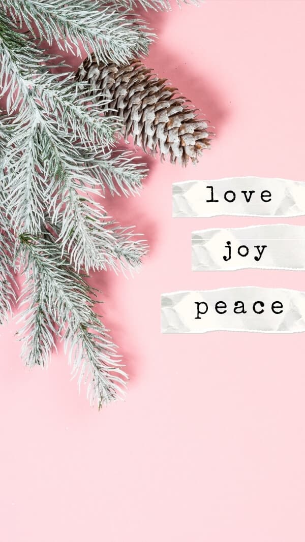 light pink background with light green evergreen sprigs and a pinecone with the text "love, joy, peace" on scraps of paper, december holiday wallpaper background