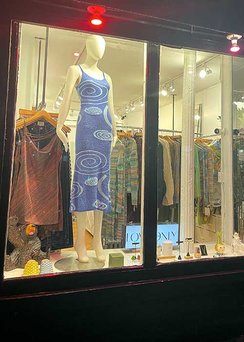 love only boutique window in east village with house of sunny hockney dress in window 