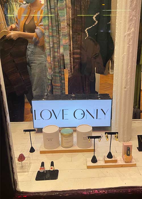 love only boutique in east village, showing the sign and jewelry in window 