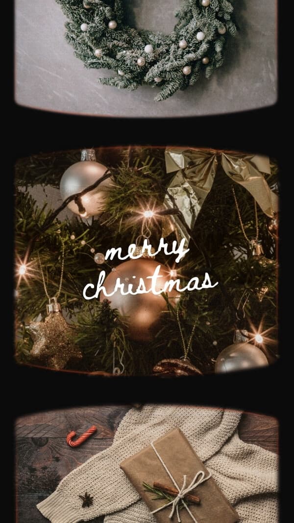 retro tv screen film (three images)- image of wreath, gold ornaments on tree, and brown paper wrapped gift on sweater, with script "merry christmas" in middle) wallpaper background