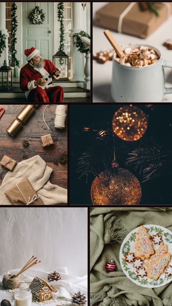 off-center 6 grid photo collage (simple)- image of santa playing ukelele, hot chocolate, gift wrap supplies, ornament close up, gingerbread house and cookies wallpaper 