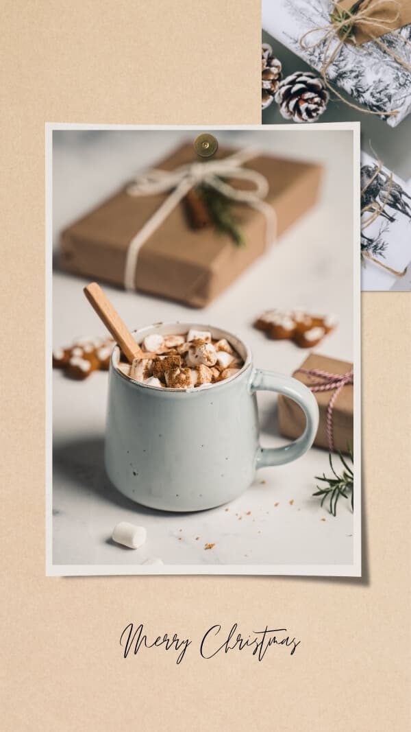light tan paper background with photo frame of hot chocolate  and another background image of white paper gifts wrapped with text "merry christmas" wallpaper background for iphone