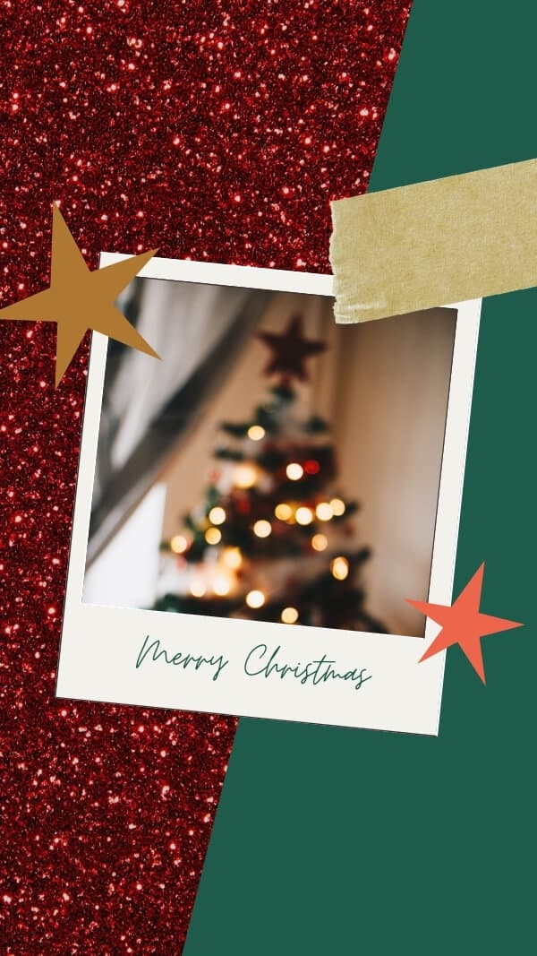diagonally split background with glitter red side and dark green side with a polaroid of slightly out of focus christmas tree in center with stars around it, and text "merry christmas"