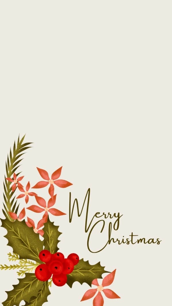 tan background with lower left illustration of mistletoe and holiday flowers with script text "merry christmas" wallpaper 