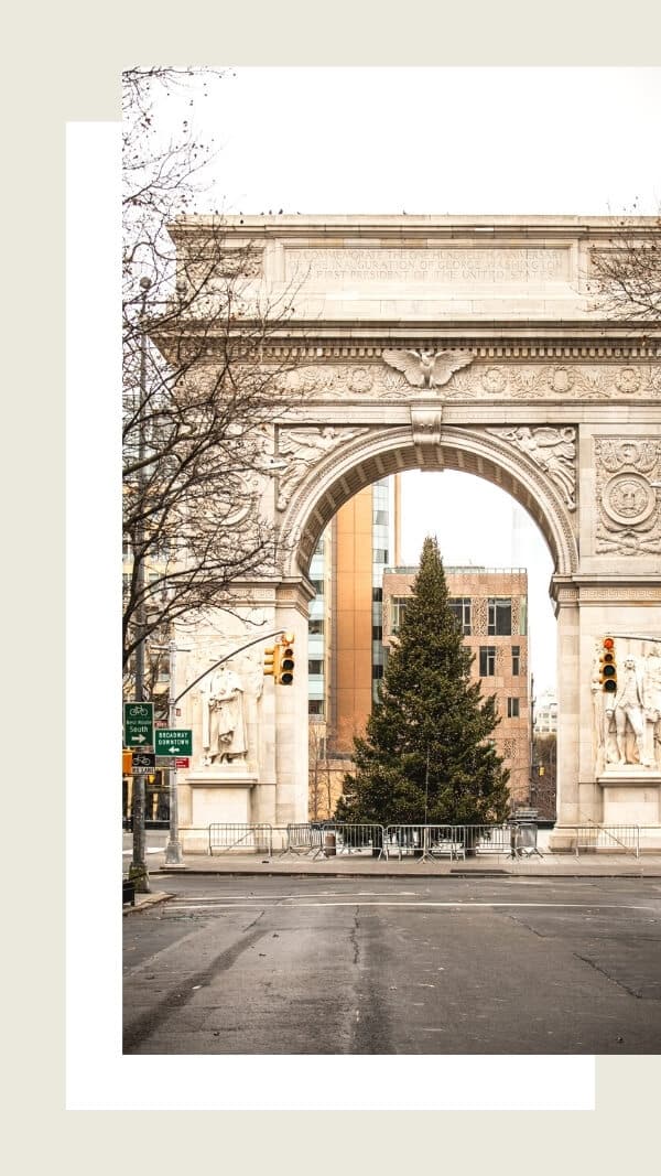 aesthetic version of the nyc christmas tree under arch with tan and white background frames 