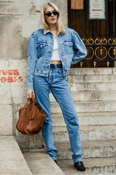 woman wearing straight leg jeans with double denim