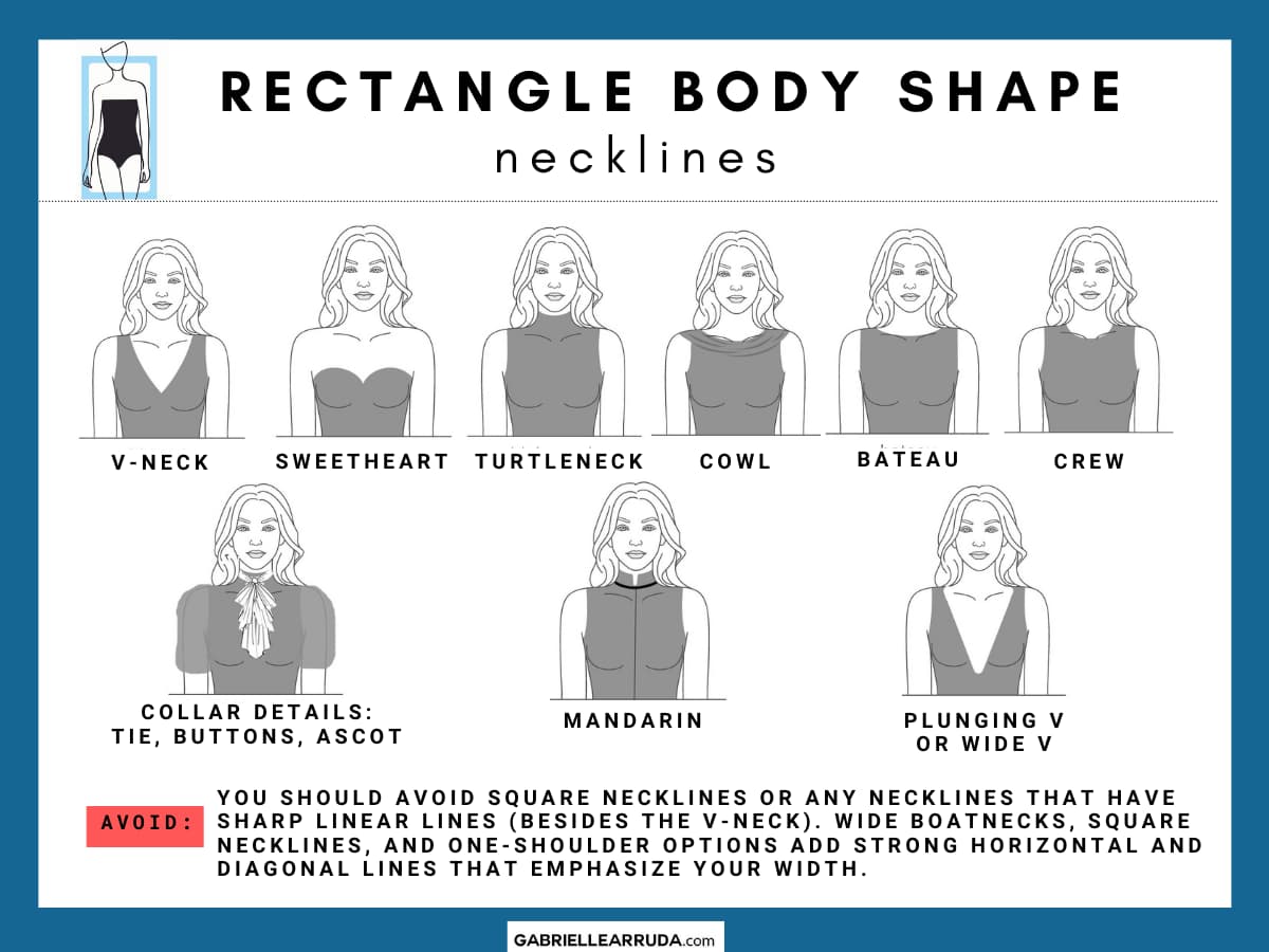 rectangle body shape neckline images:  v-neck, sweetheart, turtleneck, cowl, bateau, crew, collar details (ascot, tie), mandarin, plunging v-neck 