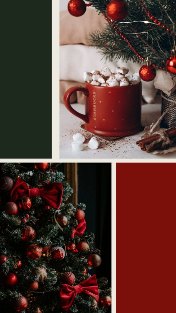 collage with red and green squares and images of red mug with cocoa under tree, and tree with red bows and ornaments, red and green christmas wallpaper for phone