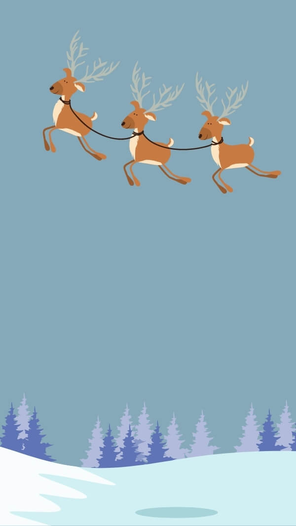 cute illustration of reindeer in sky pulling a sleigh  with forest and snow at the bottom. christmas holiday wallpaper cute