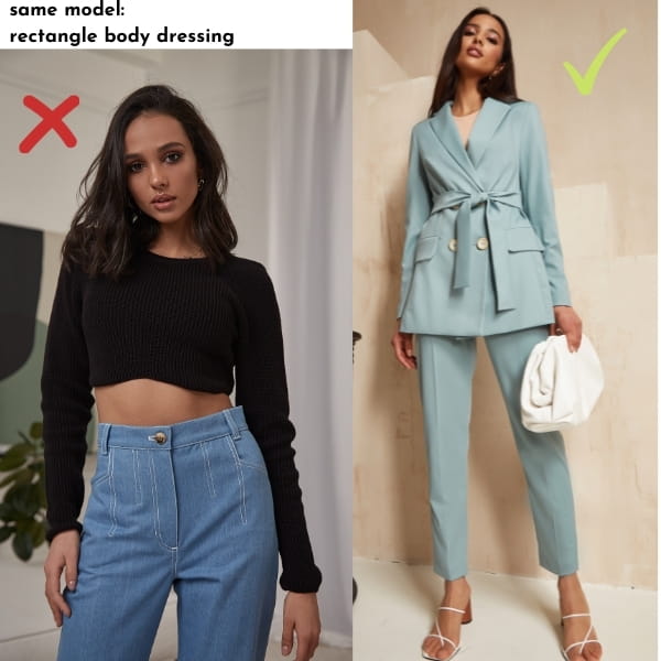 two images of the same model with rectangle body shape. First image is here wearing cropped top and high rise jeans and she looks very square (the wrong way to style a rectangle body type), the second image is her waring a suit with a belted blazer and lower pocket details on jacket that helps create the look of curves and balance (the right way to style a rectangle body type)