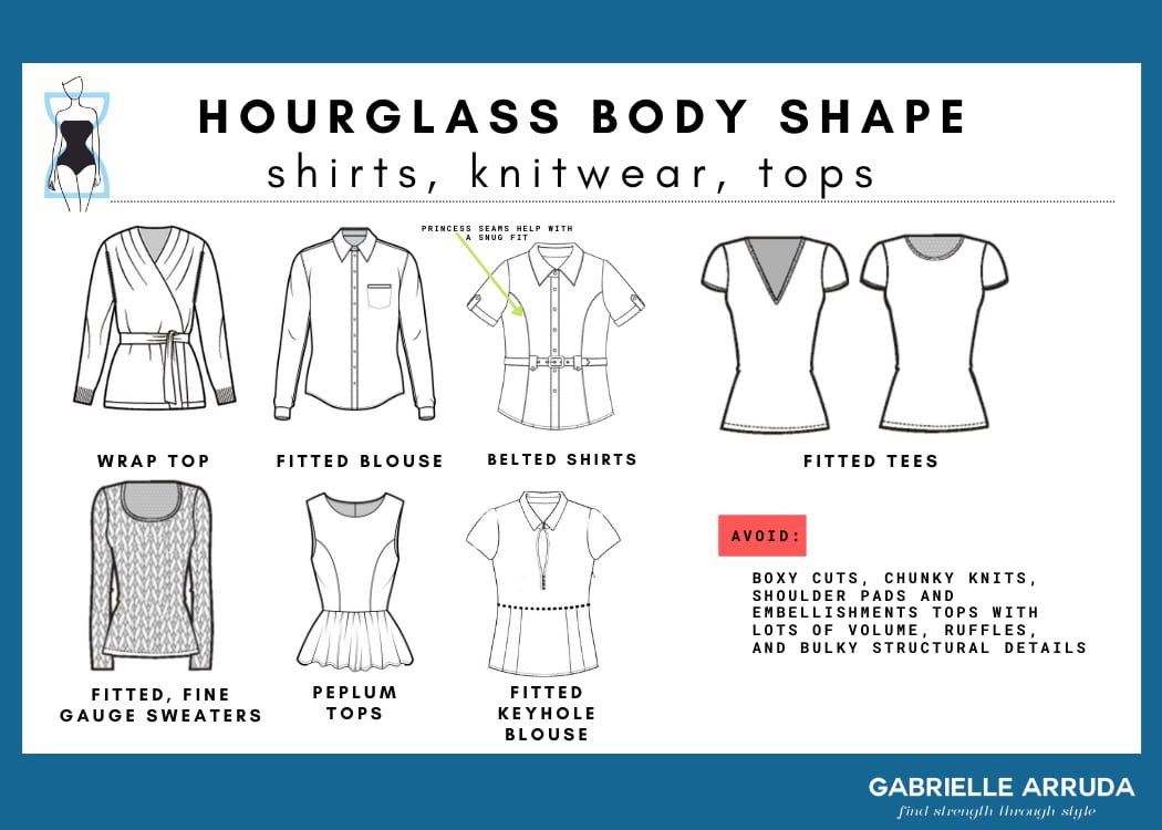 shirts, tops, and knitwear for the hourglass body type for building a wardrobe
