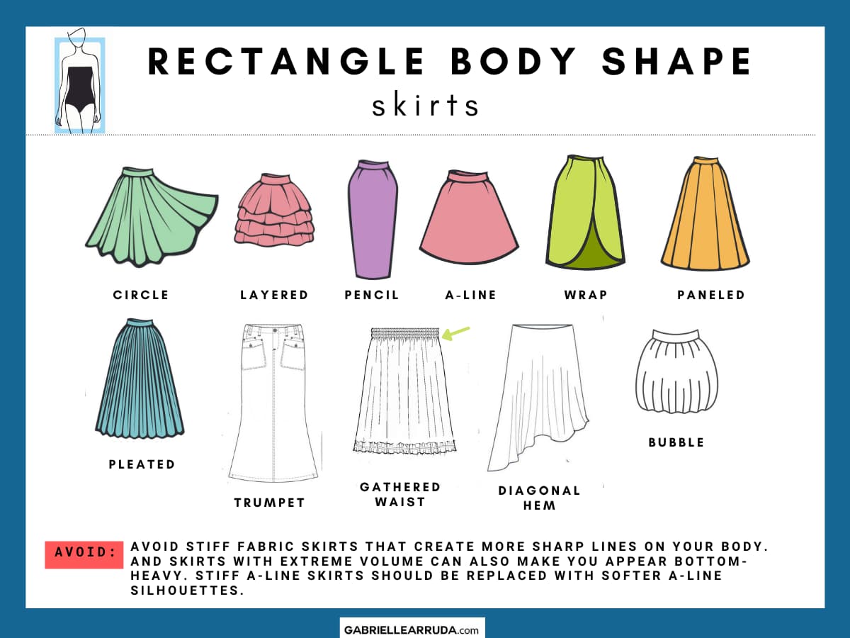 rectangle body shape skirt styles: circle, layered, pencil, a-line (soft), wrap, paneled, pleated, trumpet, gathered waist, diagonal hem, bubble 