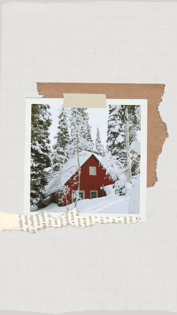cute Scandinavian collage wallpaper- red cottage in snowy forest taped to a piece of brown paper and a scrap of book text on white grid background