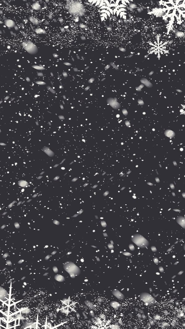 black and white illustration of snow falling with snowflakes in the corner, december wallpaper for phone