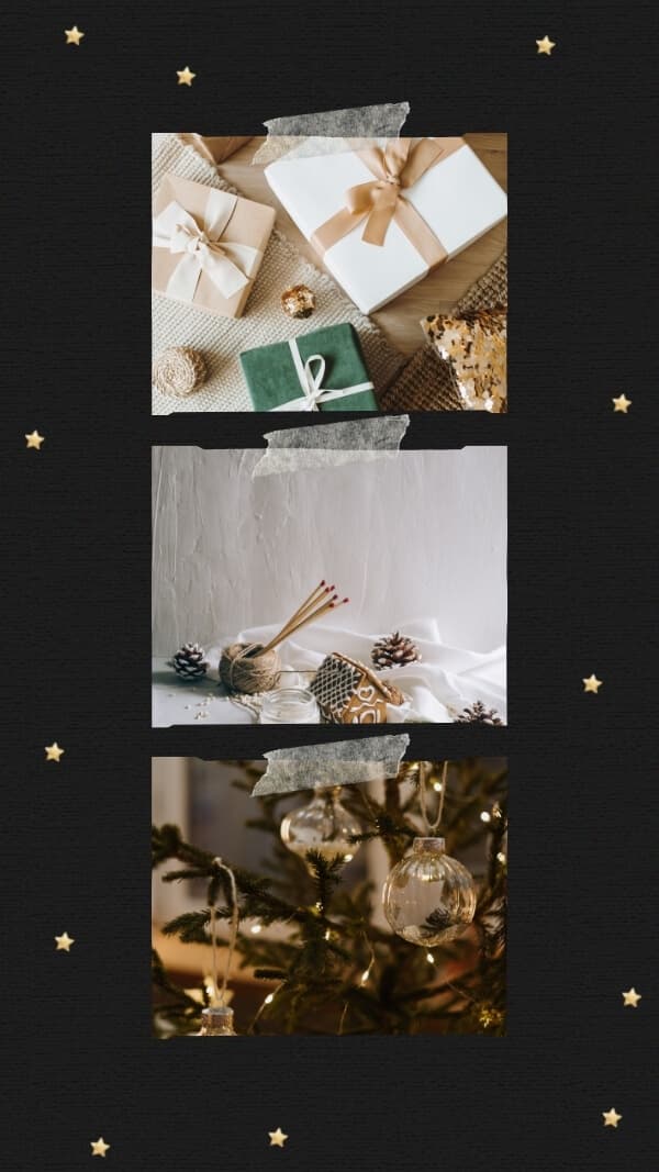 black background with gold stars, three images stacked vertically with "masking tape" holding them. wrapped gifts, gingerbread house, and ornaments on tree. christmas wallpaper for iphone 