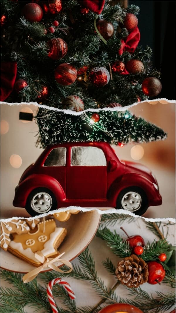 three christmas images stacked vertically. ornaments on tree, mini car ornamnet with tree on top of it, and gingerbread cookie display, wallpaper for iphone 