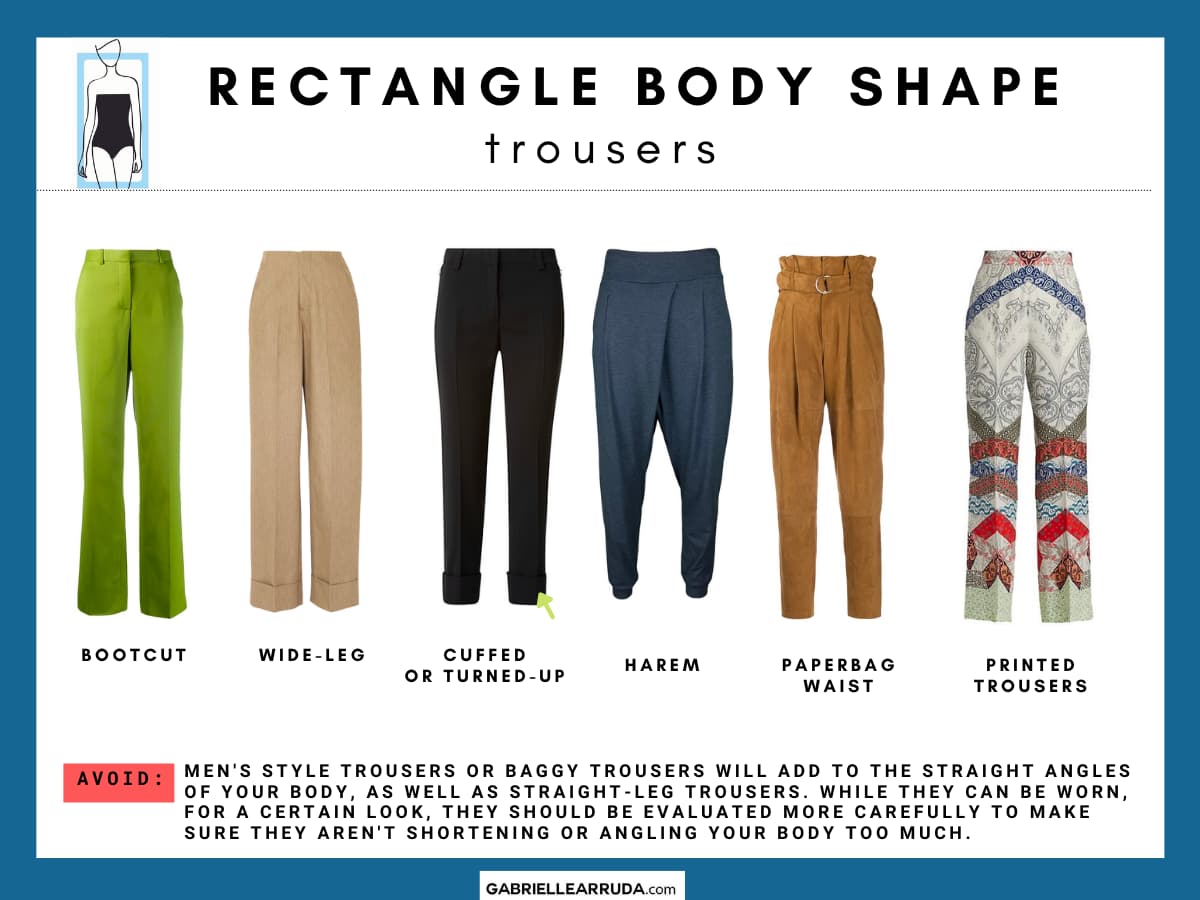 trousers for rectangle body type: bootcut, wide-leg, cuffed or turned-up, harem, paperbag waist, printed trousers 