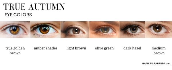 true autumn eye colors: true golden brown, amber shades, light brown, olive green, dark hazel, medium-light brown