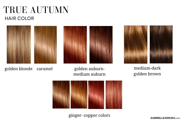 true autumn hair colors: golden blonde, caramel, golden auburn- medium auburn, medium-dark golden brown, and ginger-coopper colors