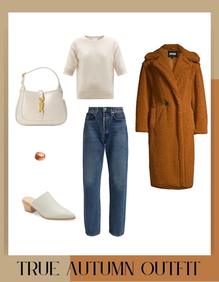 true autumn outfit with medium blue jeans with cream sweater, jackie gucci bag, mules, stone ring and teddy coat in brown 