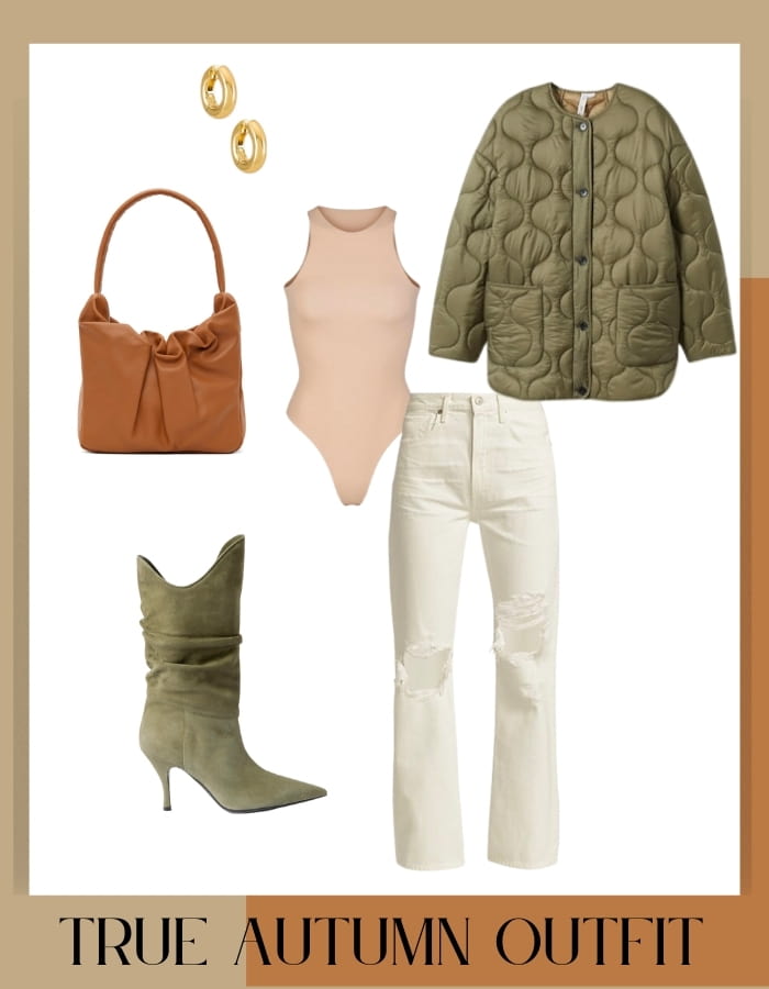 cream trousers with nude bodysuit and moss green quilted jacket, brown leather bag and green paris texas boots and gold hoops, true autumn outfit 