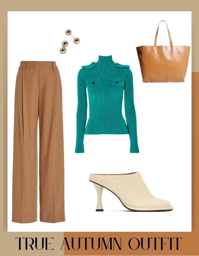 true autumn business casual outfit with tan-brown trousers, turquoise knit turtleneck, cream heel mules, and tan leather tote 