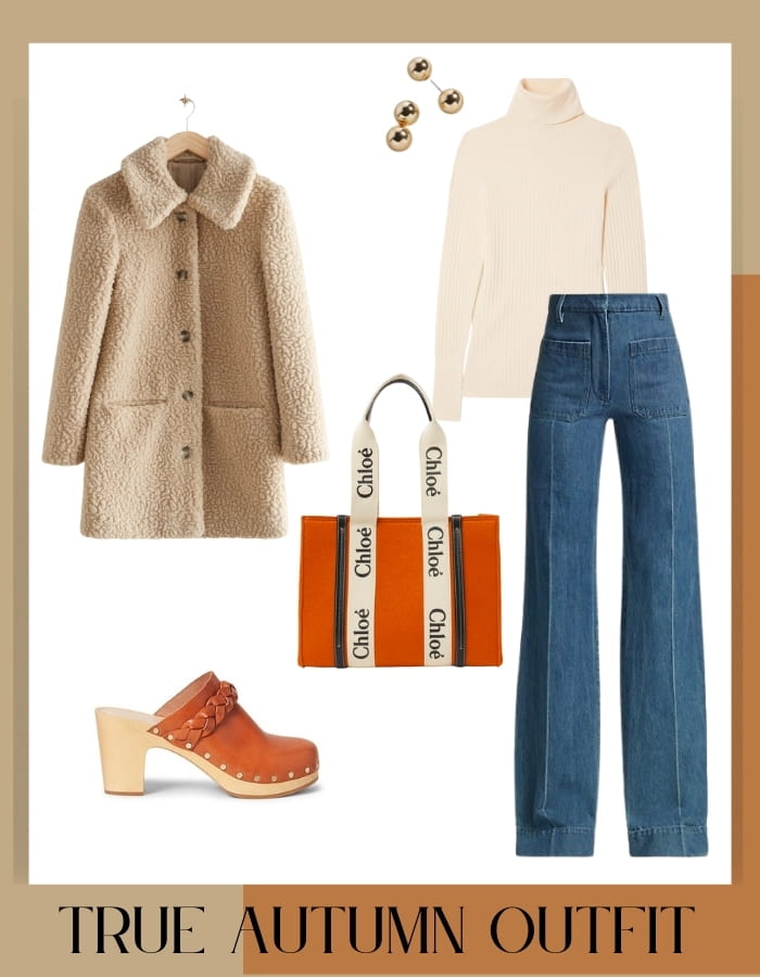 true autumn casual outfit, fuzzy teddy coat with turtleneck, 70's style blue jeans wide leg, with leather clog and orange Chloe tote 
