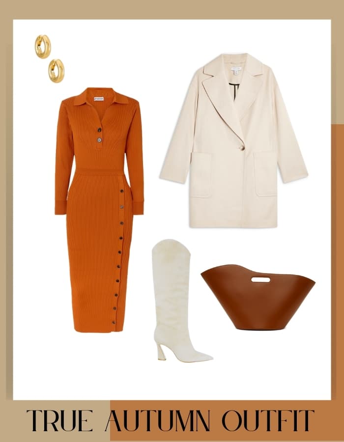 true autumn outfit with orange knit dress, cream coat, cream boots, and brown structural bag with gold hoops