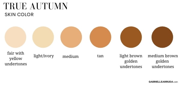 true autumn skin color shades: fair with yellow undertones, light ivory, medium, tan, light brown wit golden undertones, medium brown with golden undertones 