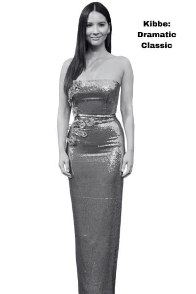 kibbe: dramatic classic body example of olivia munn in column dress